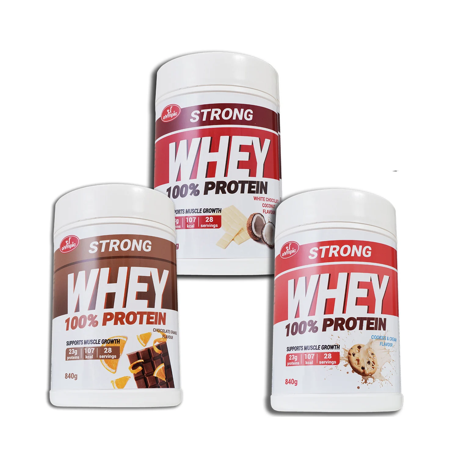 Strong Whey protein 840g x3 čoko-ornaž, bela čokolada i kokos, cookies&cream - PAKET UŠTEDE