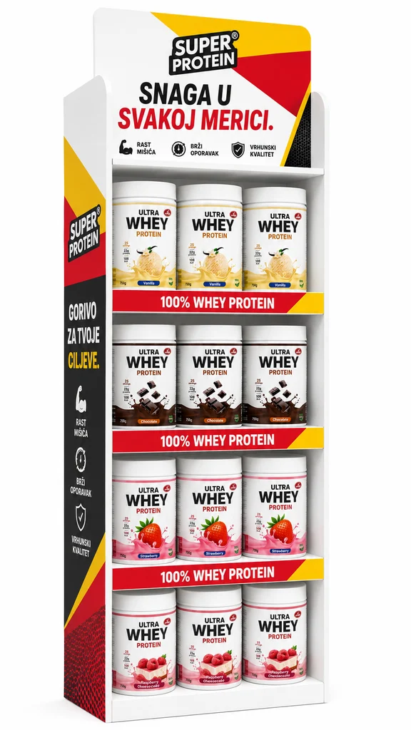 Brendirana polica sa Olympic Whey proteinima za maloprodajne objekte